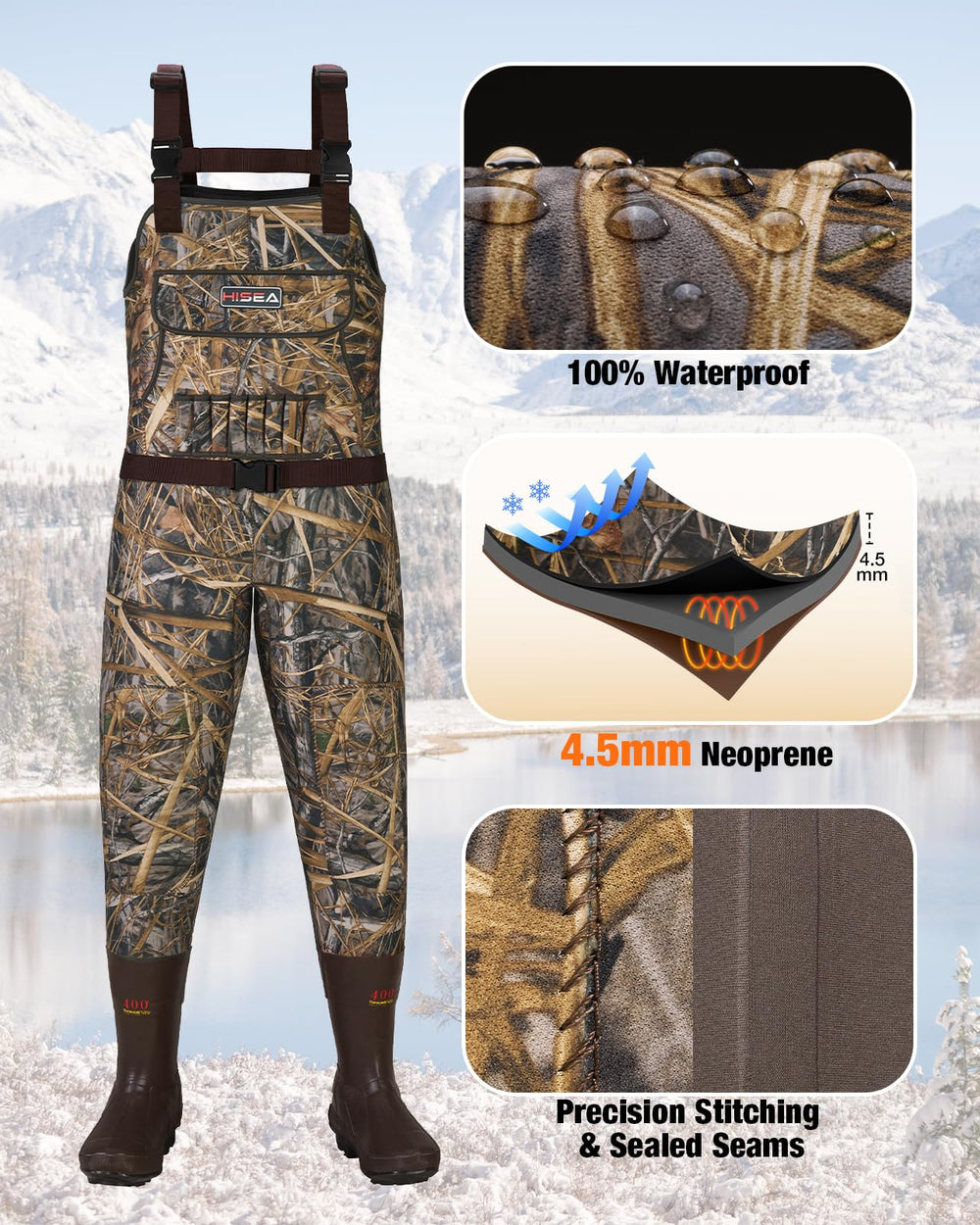 HISEA Womens Chest Waders knee pads detail highlights durable protection against rugged terrain.