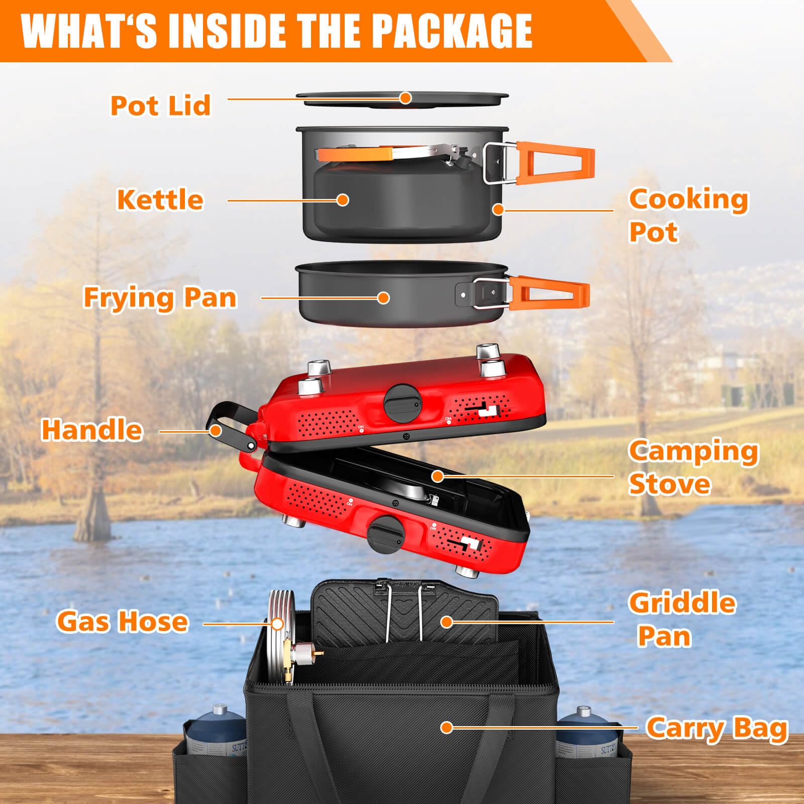 Hisencn all-in-one cookware set includes frying pan, griddle, kettle, and pot for outdoor meals.