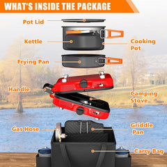 Hisencn all-in-one cookware set includes frying pan, griddle, kettle, and pot for outdoor meals.