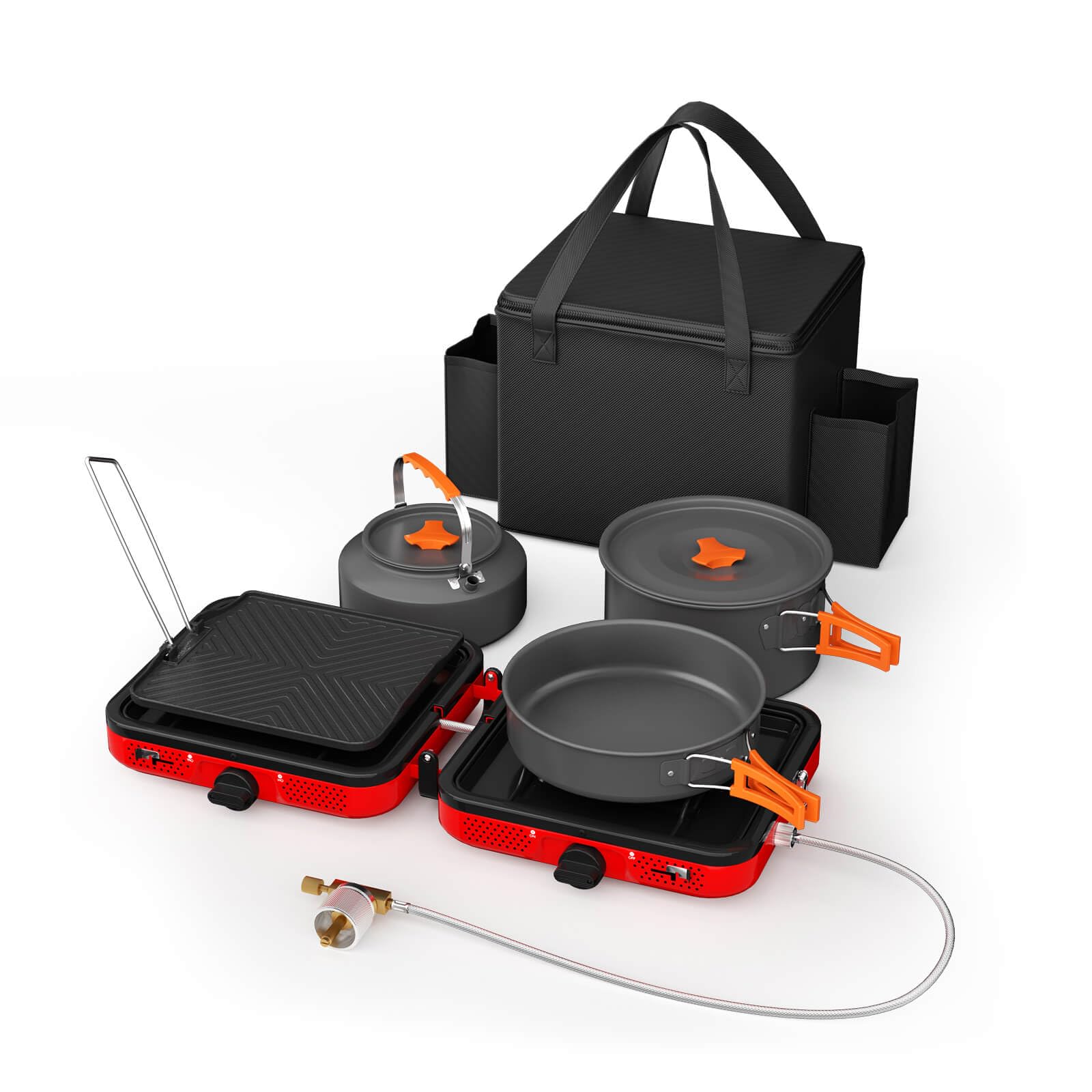 Hisencn camping stove with dual burners for faster cooking on outdoor trips.