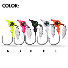 HISOO 5g orange jig head with spinner blade close-up highlighting blade flash