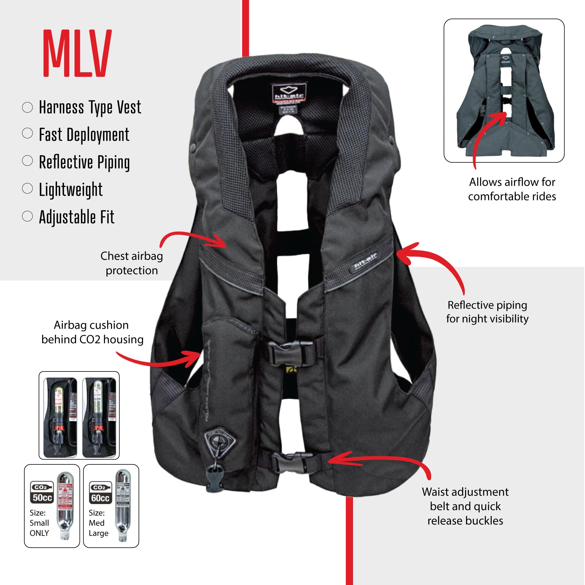 Hit-Air MLV Airbag Vest side profile highlights adjustable straps for versatile sizing.