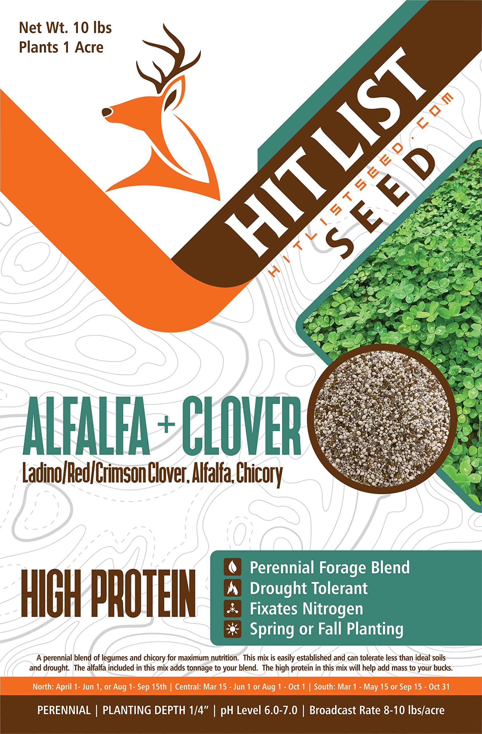 Hit List Seed alfalfa-clover seed bag ready for a high-protein deer plot