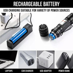 HiTekk green laser pointer in padded carrying case highlights portable protection on travels.