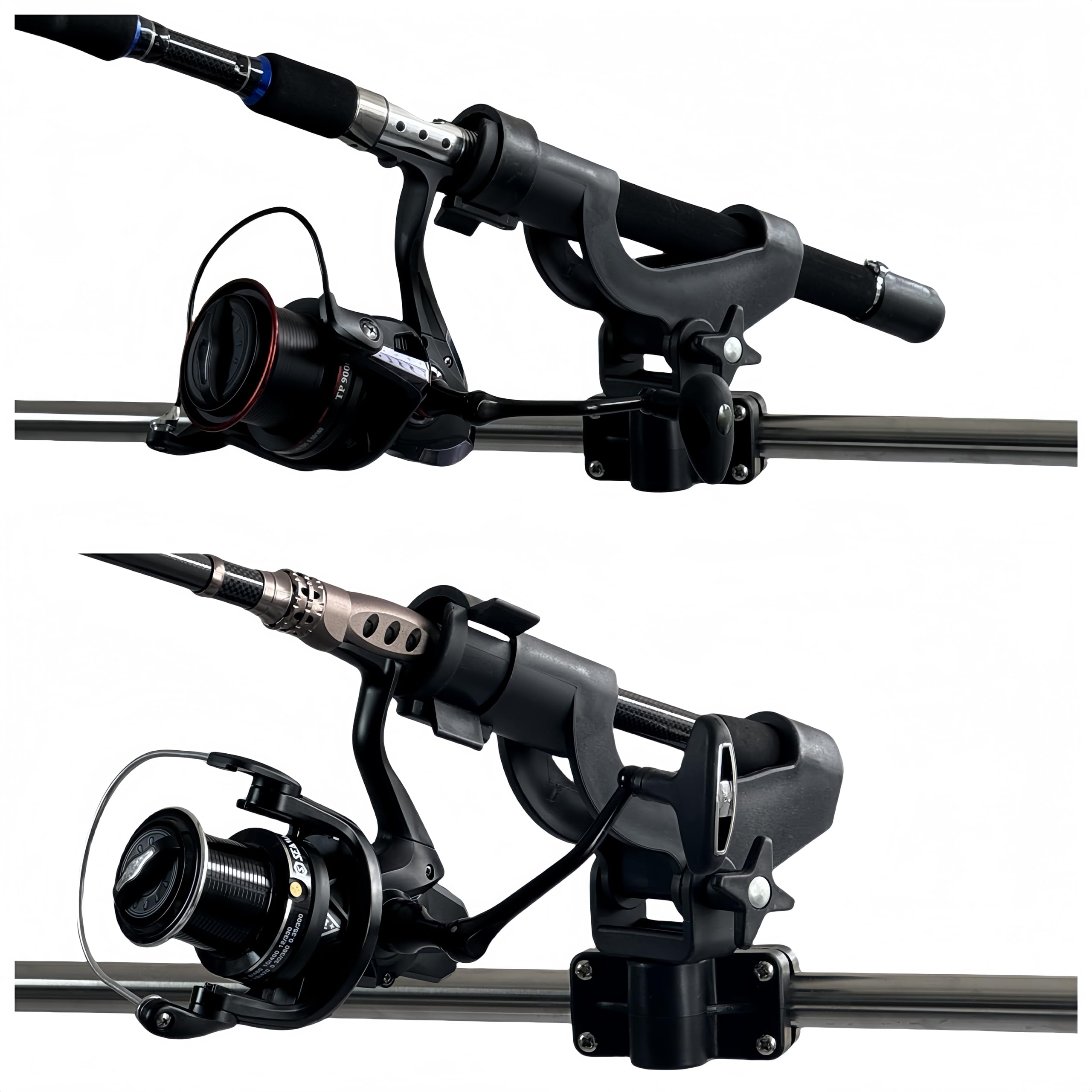 Rod holder mounted on side rail on a kayak or canoe setup