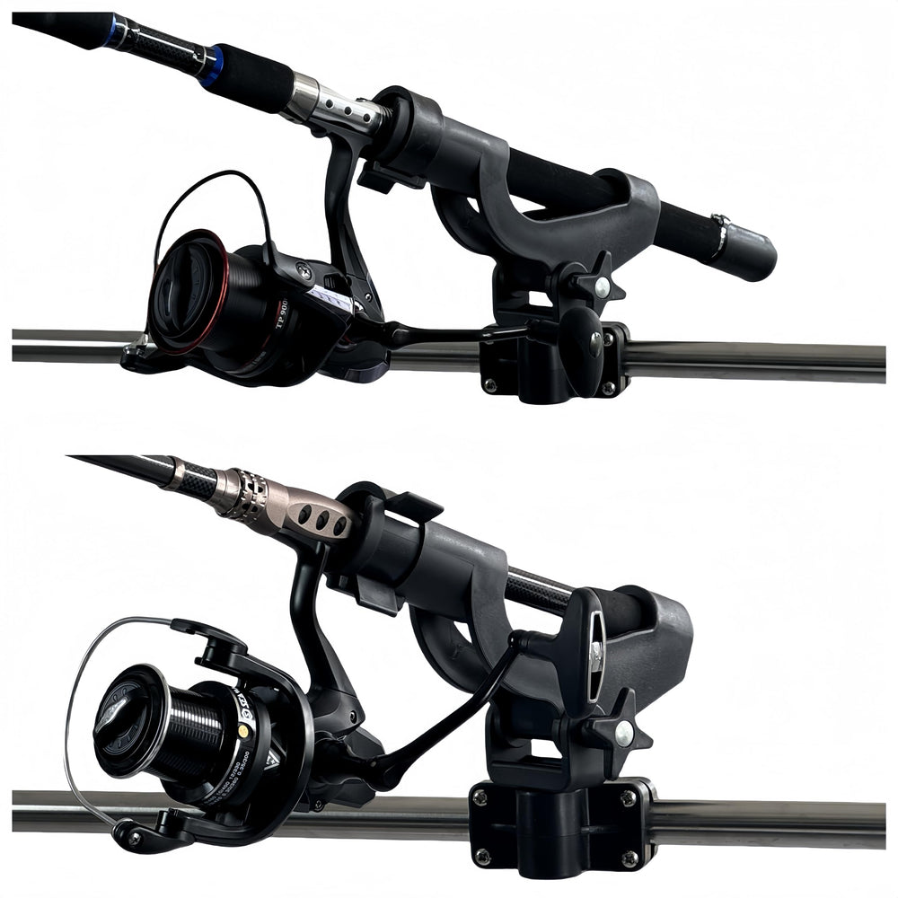Rod holder mounted on side rail on a kayak or canoe setup