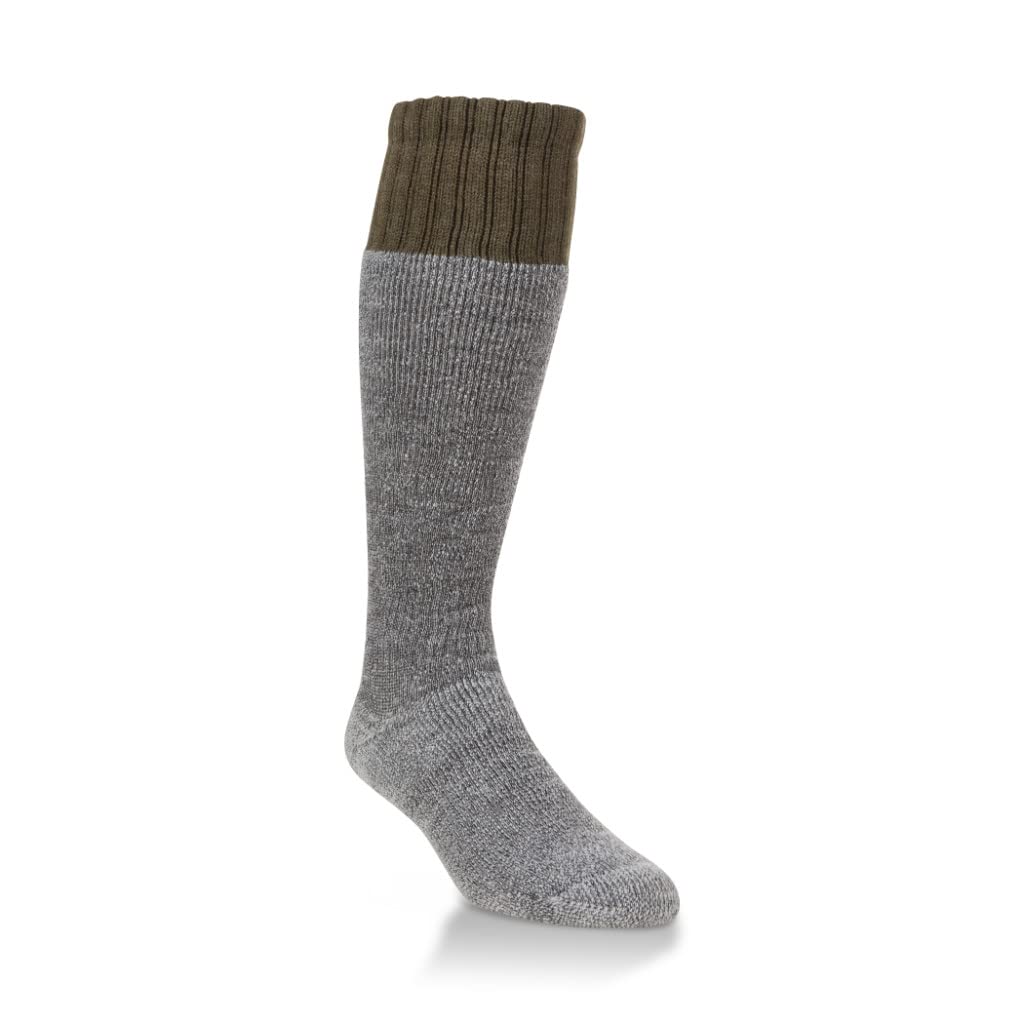 Hiwassee over-the-calf hunting sock in olive green offers warmth and durability for outdoor use.