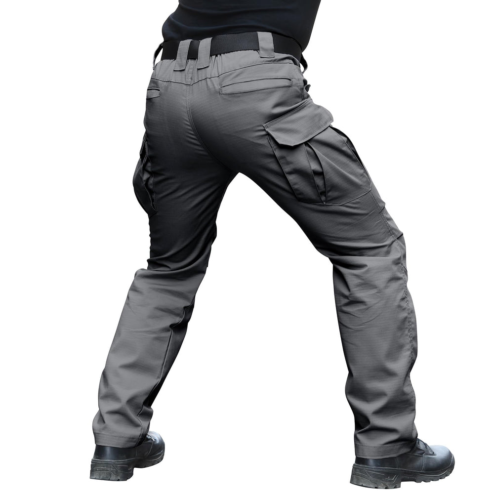 Hiwise men's stretch tactical pants show elastic waistband for secure active movement.