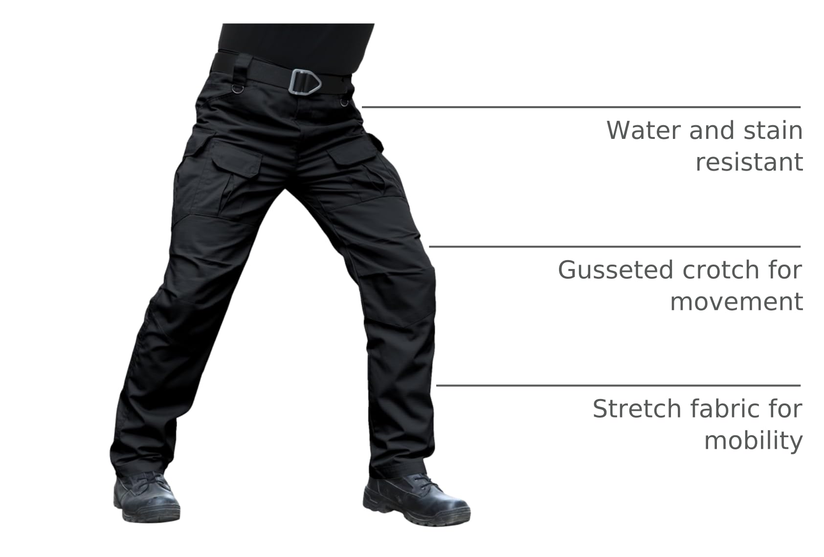 Hiwise stretch cargo pants showing ten-pocket design for tool storage