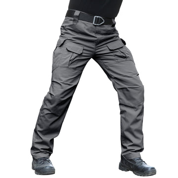 Hiwise men's stretch tactical pants water-resistant ripstop grey fabric for rugged outdoor wear.