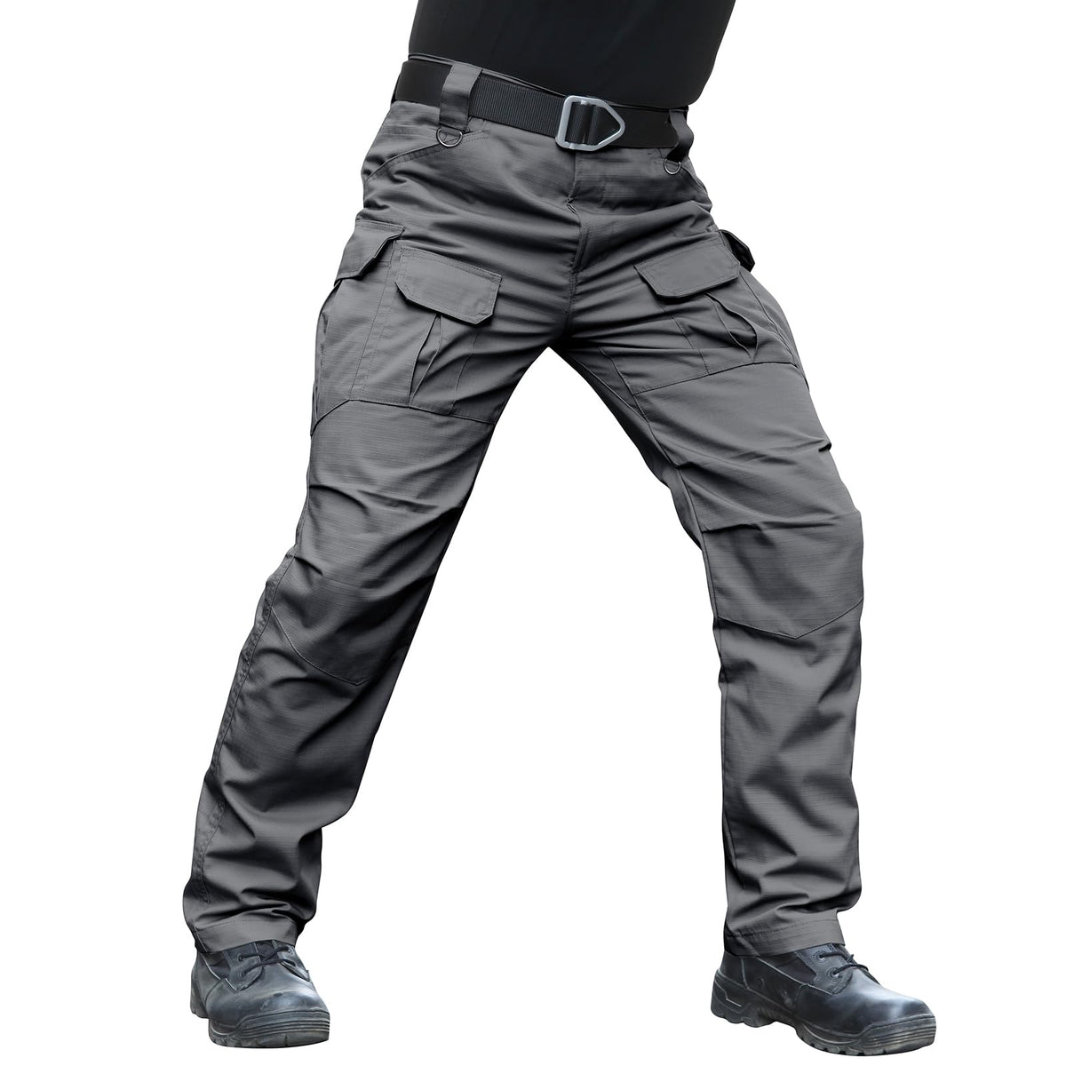 Hiwise men's stretch tactical pants water-resistant ripstop grey fabric for rugged outdoor wear.
