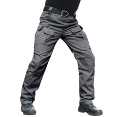 Hiwise men's stretch tactical pants water-resistant ripstop grey fabric for rugged outdoor wear.