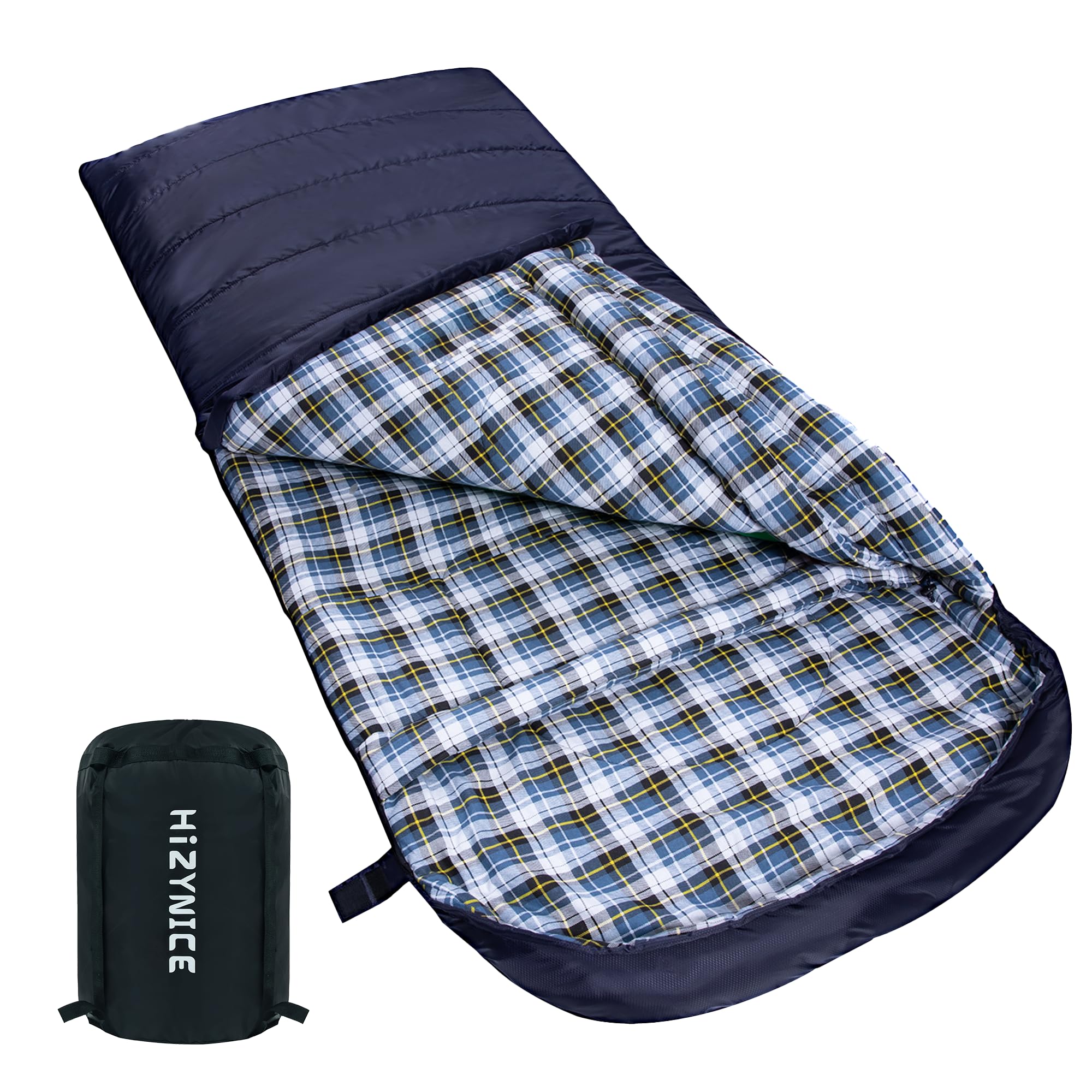 HiZYNICE sleeping bag front view in navy shows roomy width for adults
