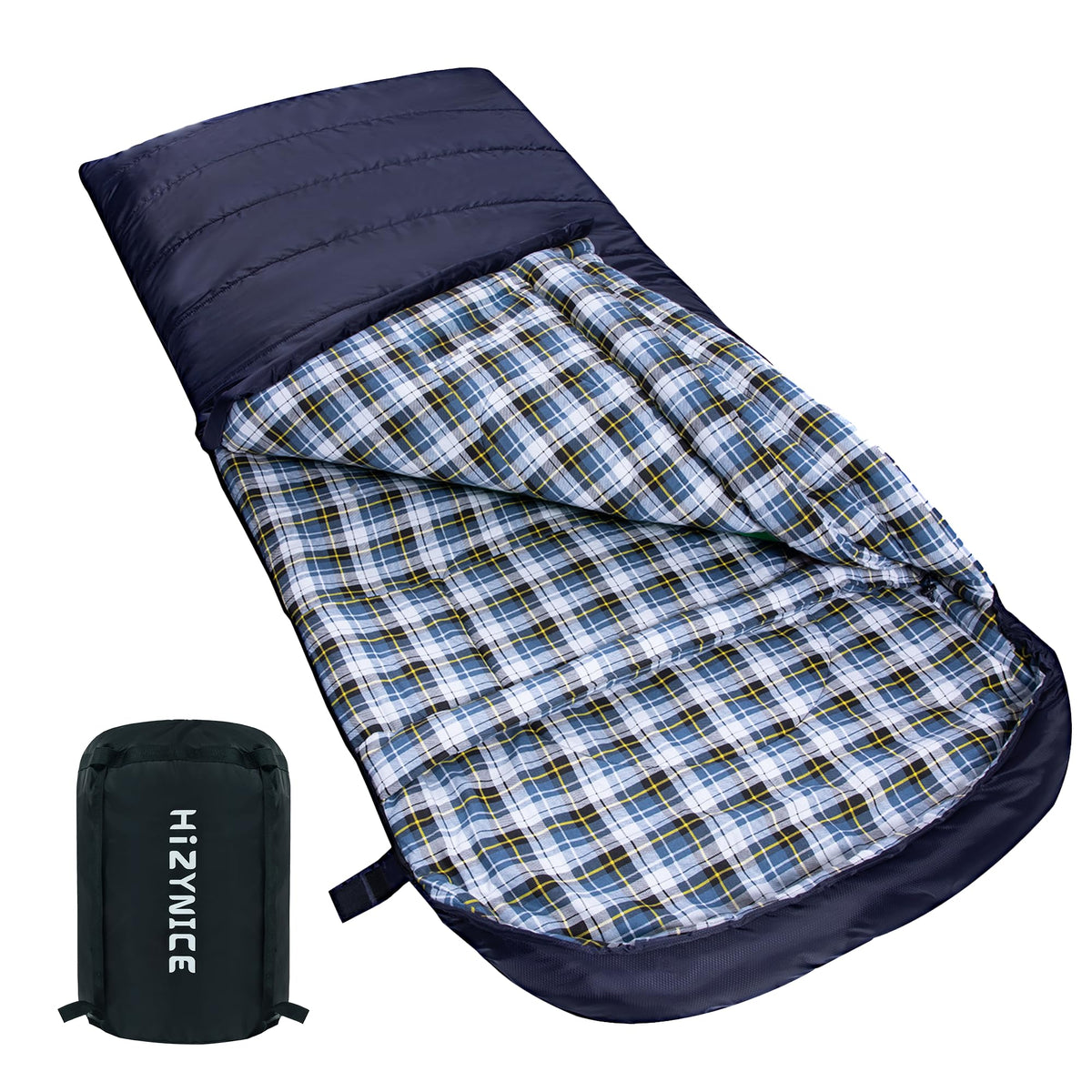 HiZYNICE sleeping bag front view in navy shows roomy width for adults