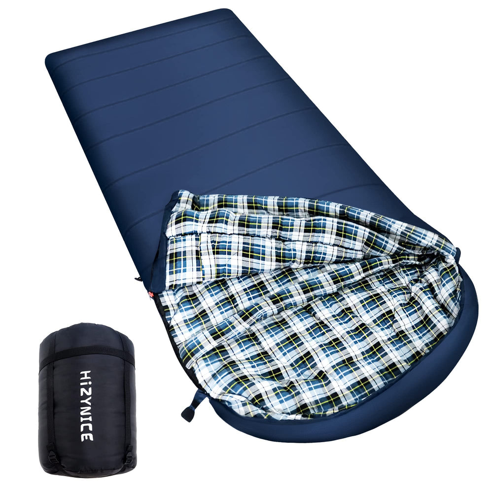 HiZYNICE sleeping bag navy blue right zip for easy camp access.
