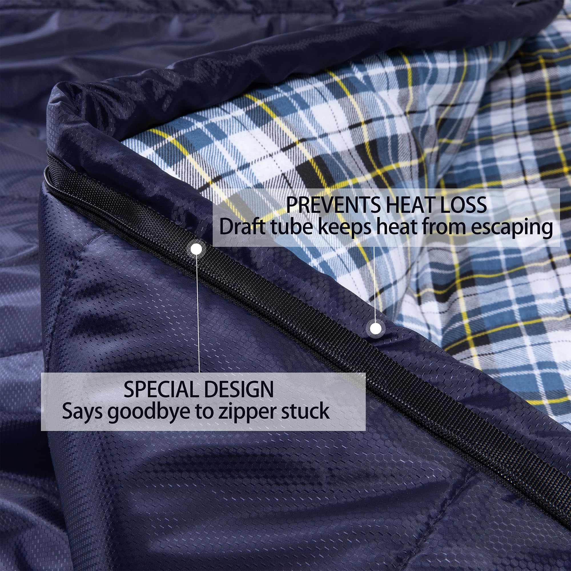 HiZYNICE sleeping bag zipper detail highlights anti-snag design