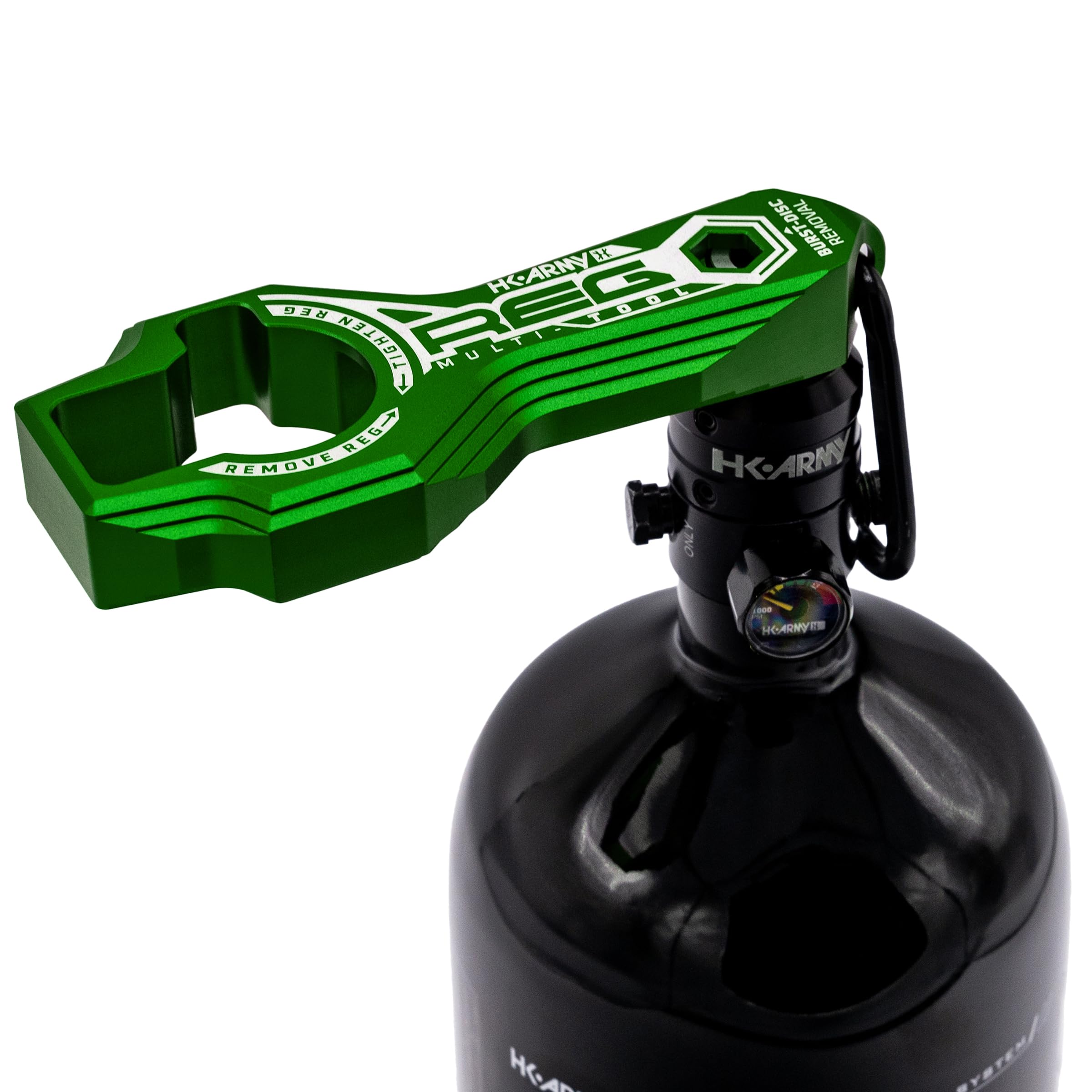 Durable aluminum HK Army Tank Regulator Multi-Tool with laser-etched details.