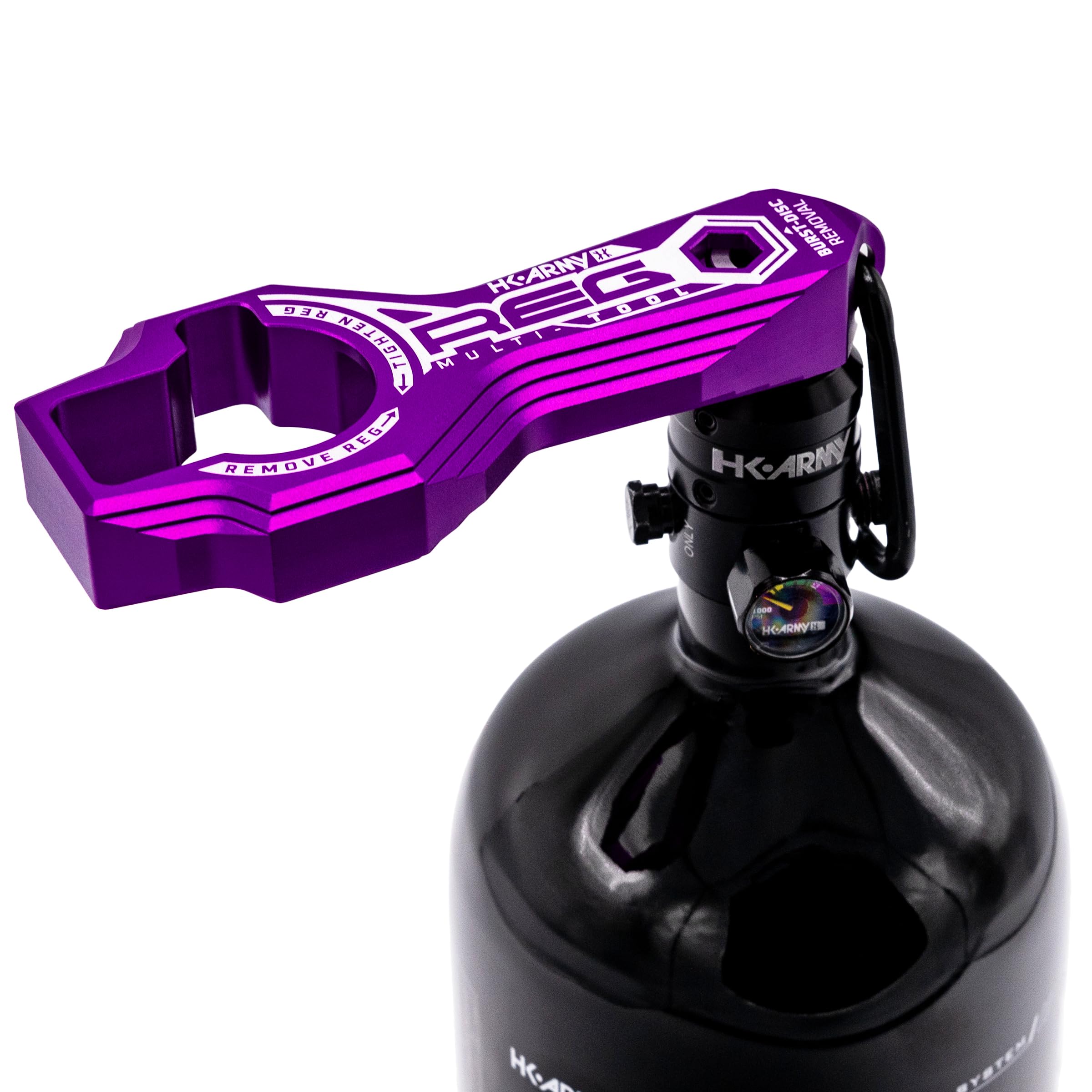HK Army Tank Regulator Multi-Tool Purple laser-etched aluminum body shows durable craftsmanship.