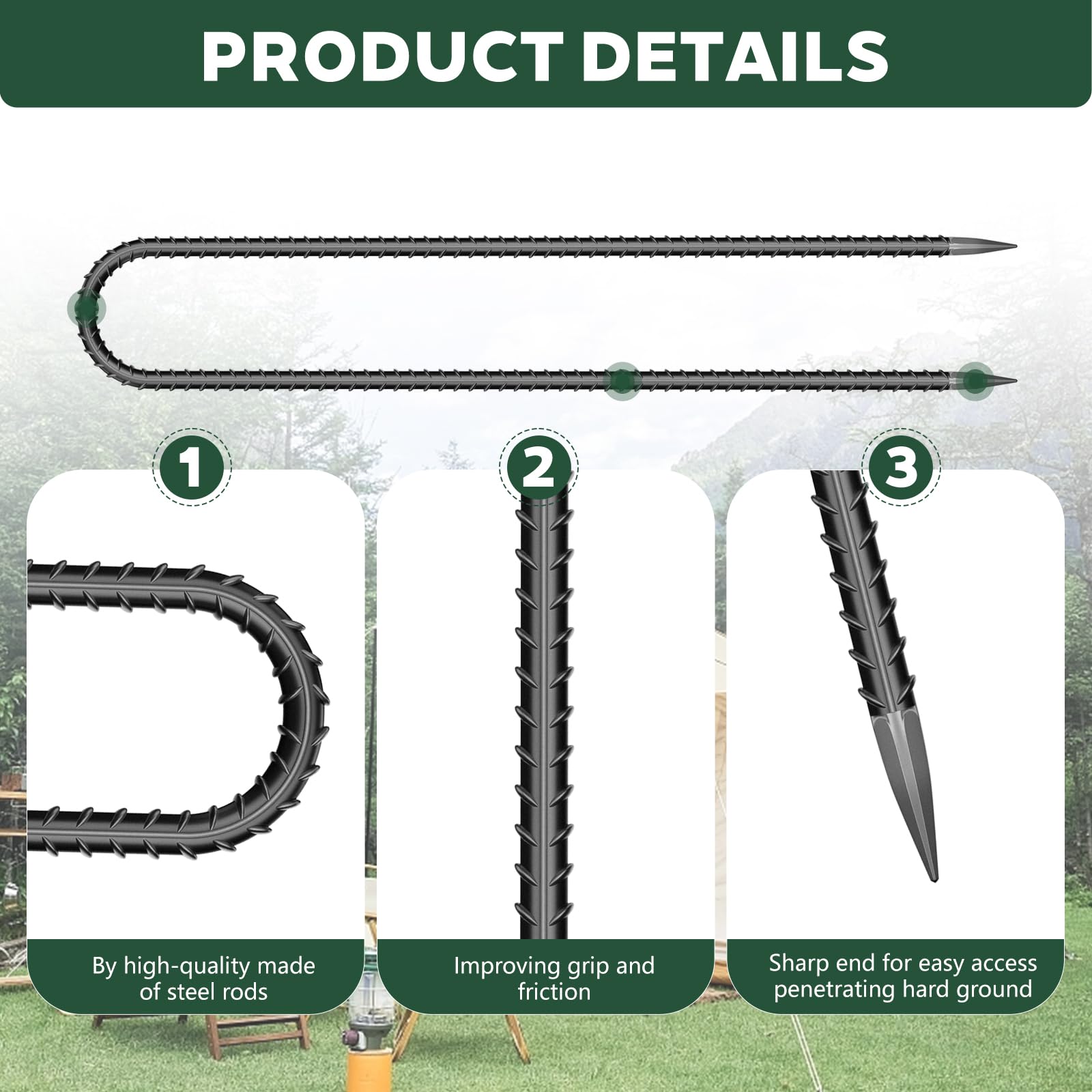 Hldgras sharp tip tent anchors easy to drive into soil.