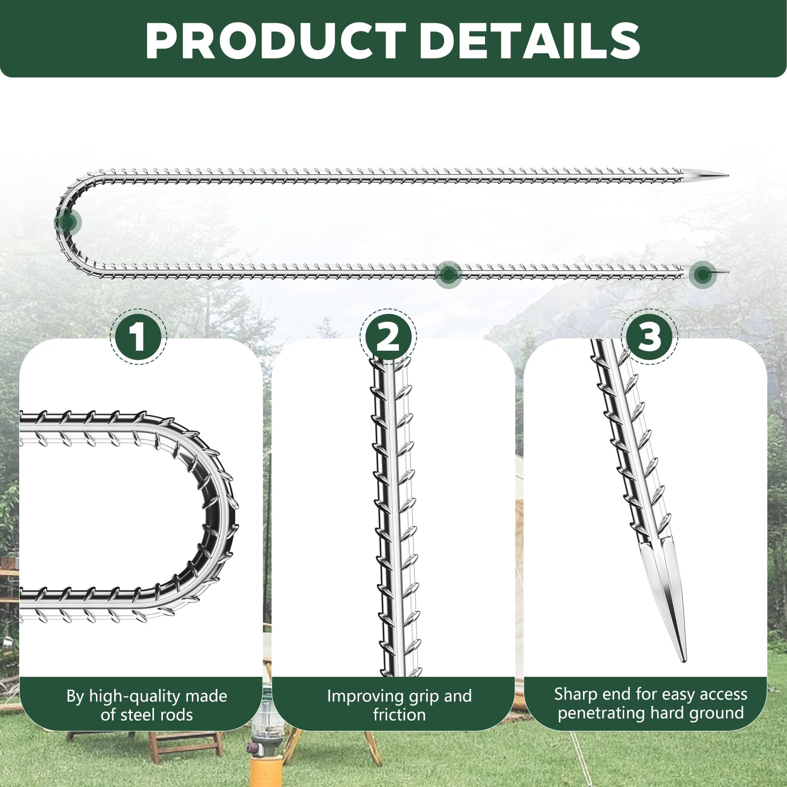 Hldgras sharp-tipped stakes simplify installation for tents and decor.