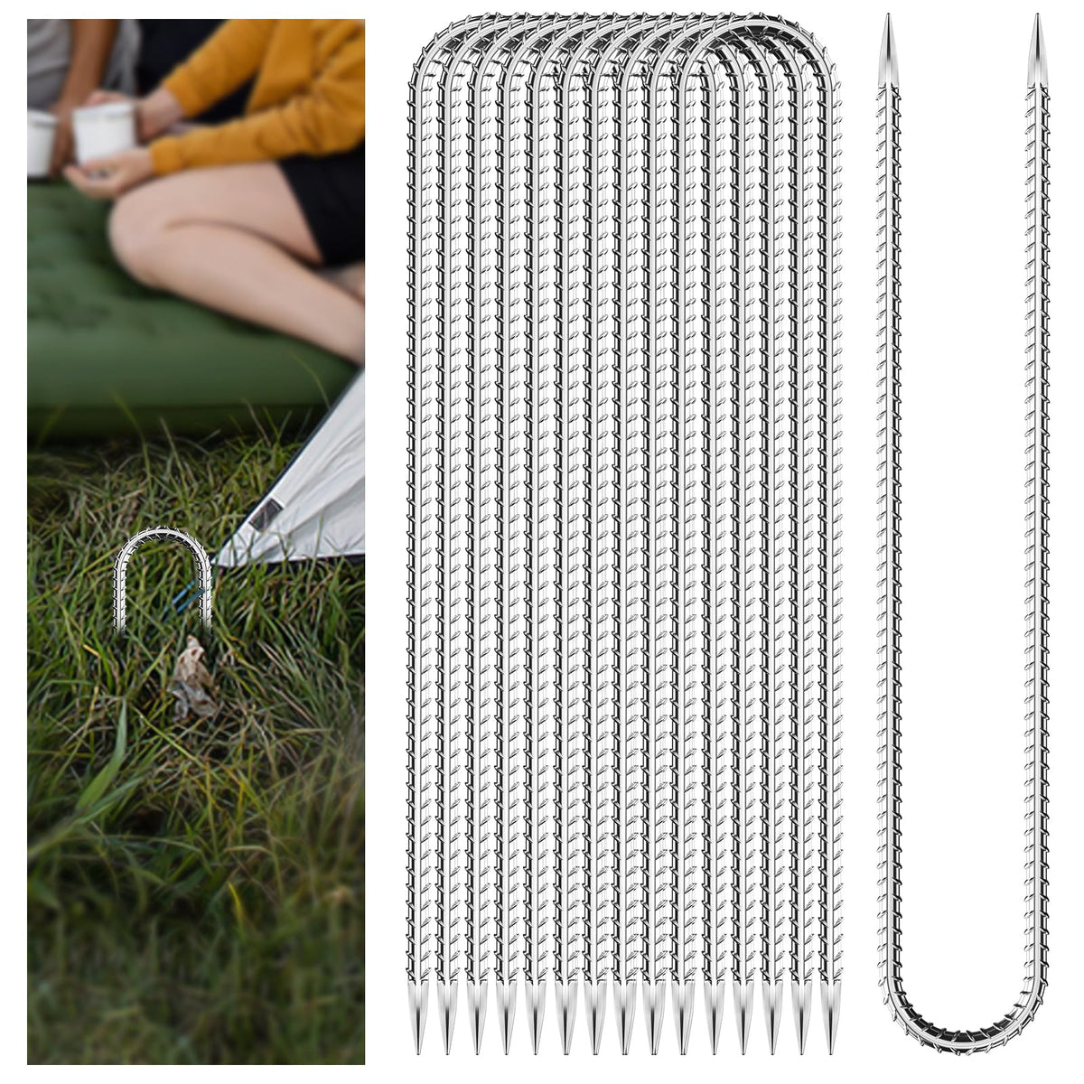 Hldgras trampoline stakes 16-inch pack secures outdoor setups in grass.