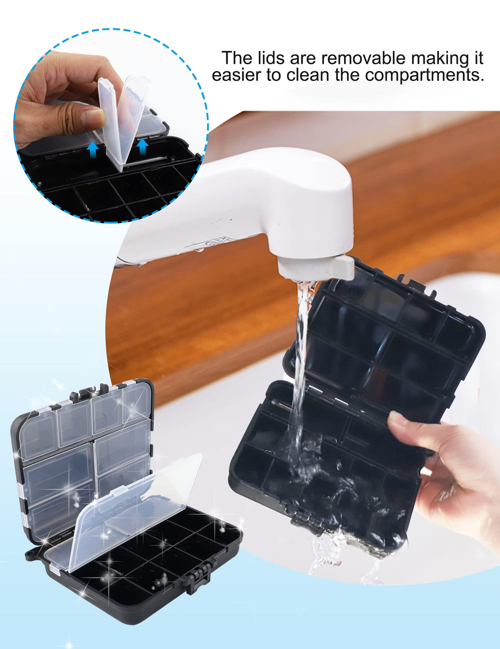 Clear view of compartments and removable lids for easy cleaning