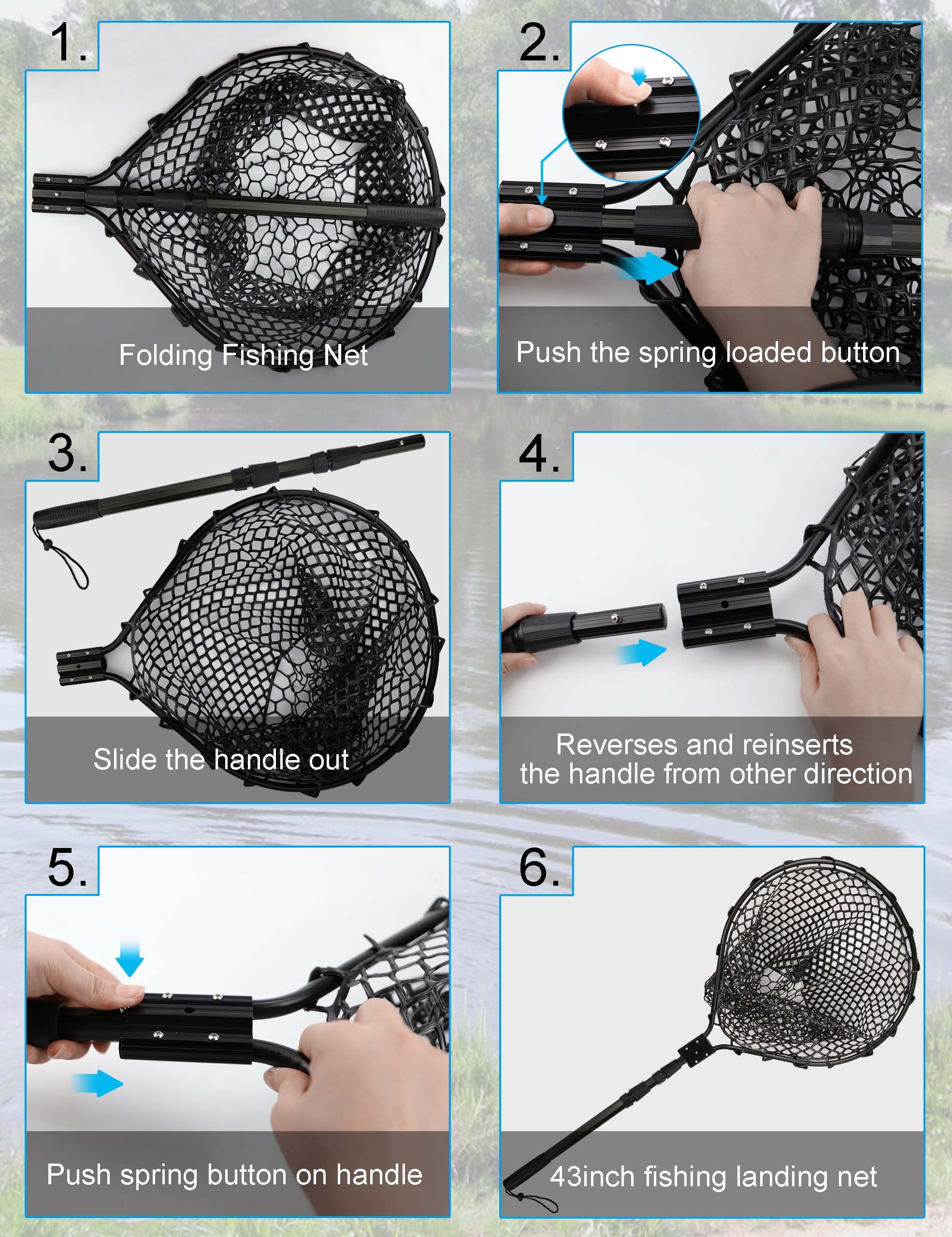 Hlotmeky Rubber Landing Net in use on kayak demonstrates easy unfolding and handling.