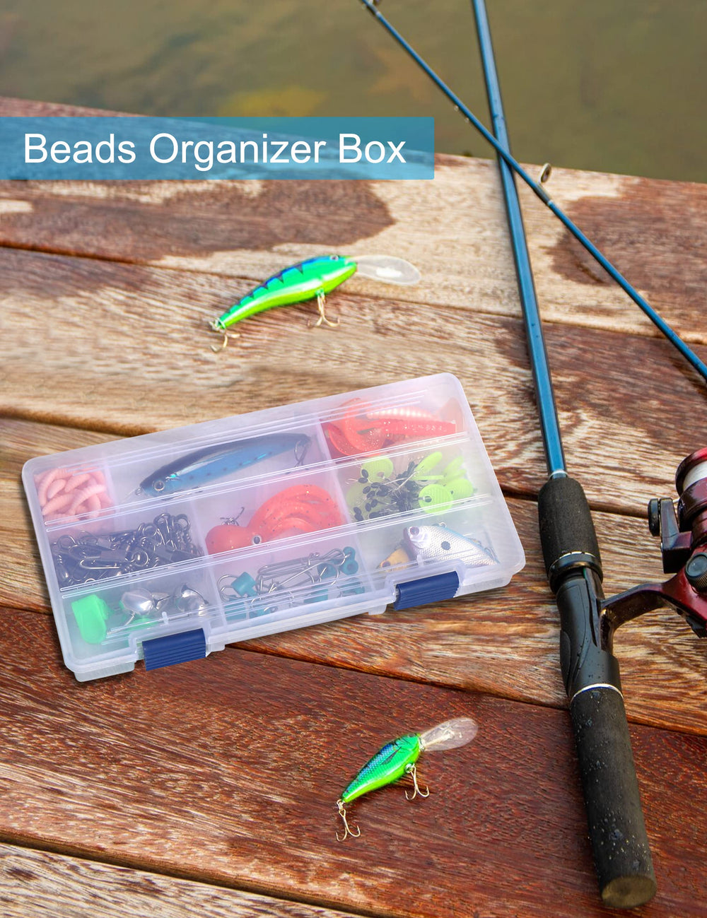 Travel-ready tackle box setup with transparent design