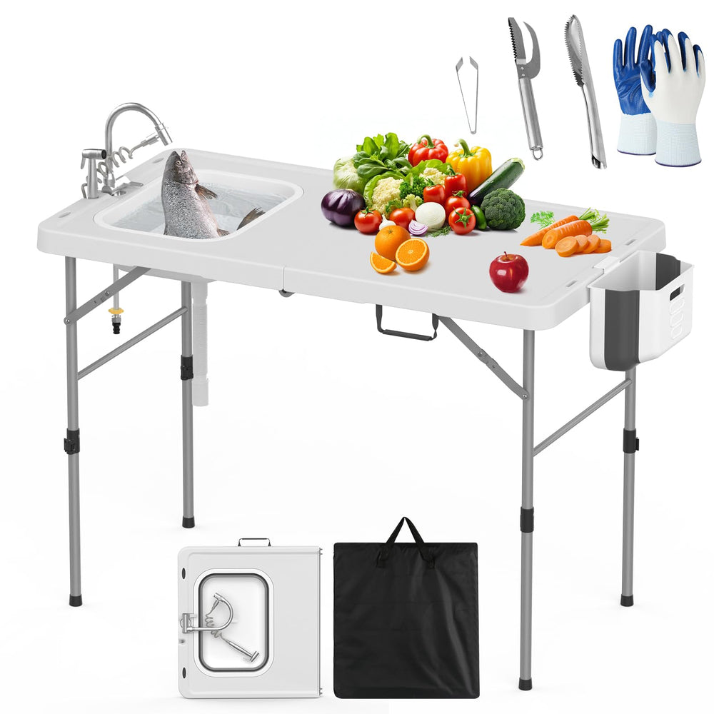 HLPB fold-in-half folding fish cleaning table shows sturdy HDPE build for durable outdoor prep.