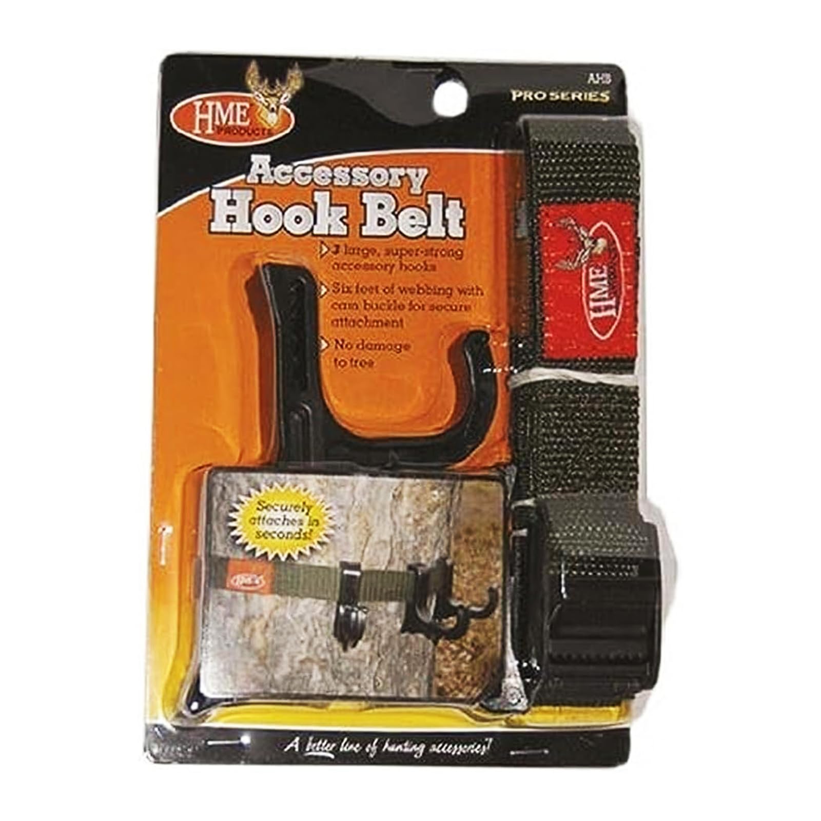 HME Accessory Hook Belt with three hooks mounted to a tree for organized gear.