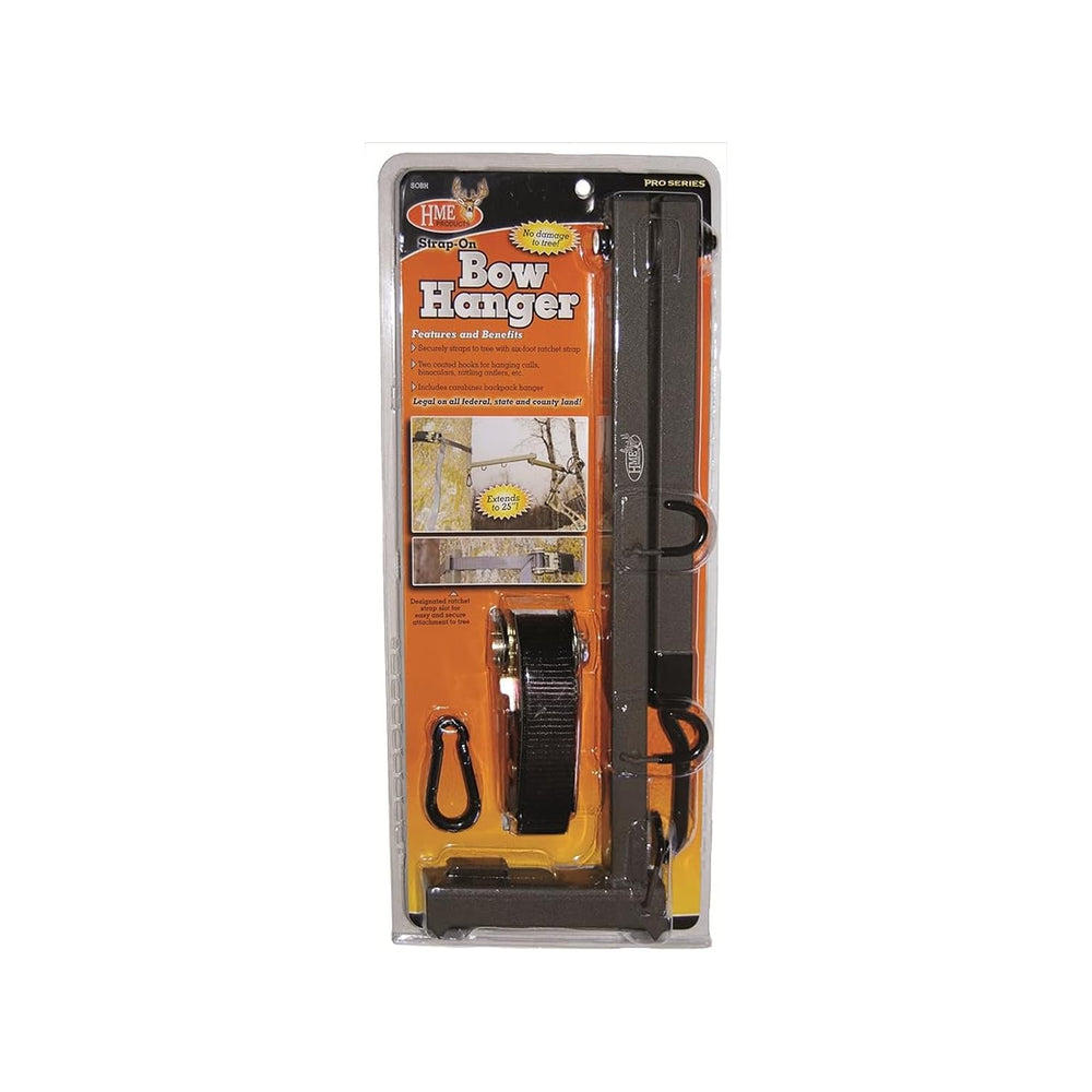 Heavy-duty ratchet strap securing the bow hanger to the tree.