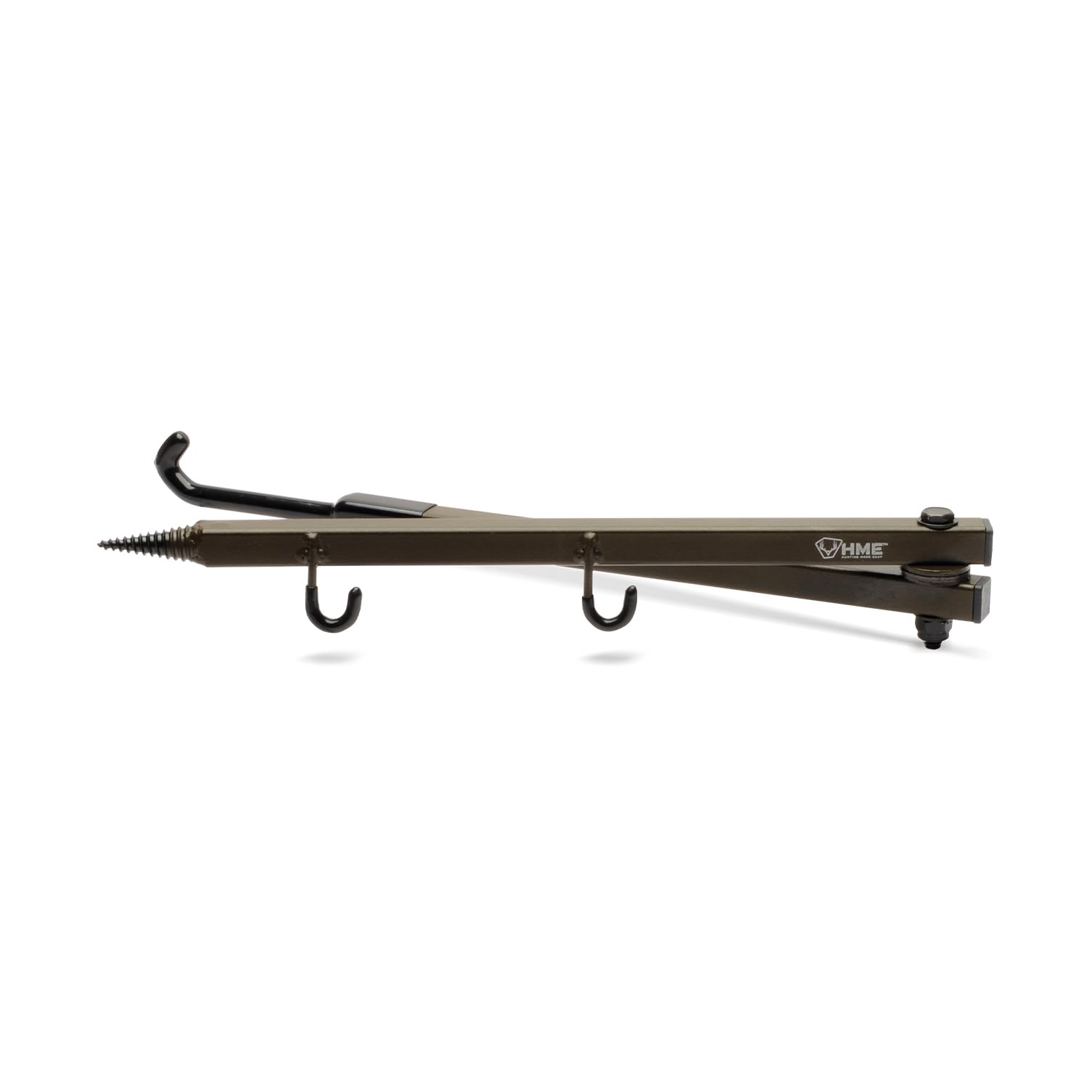 HME bow hanger with two accessory hooks for rattle bag and range finder