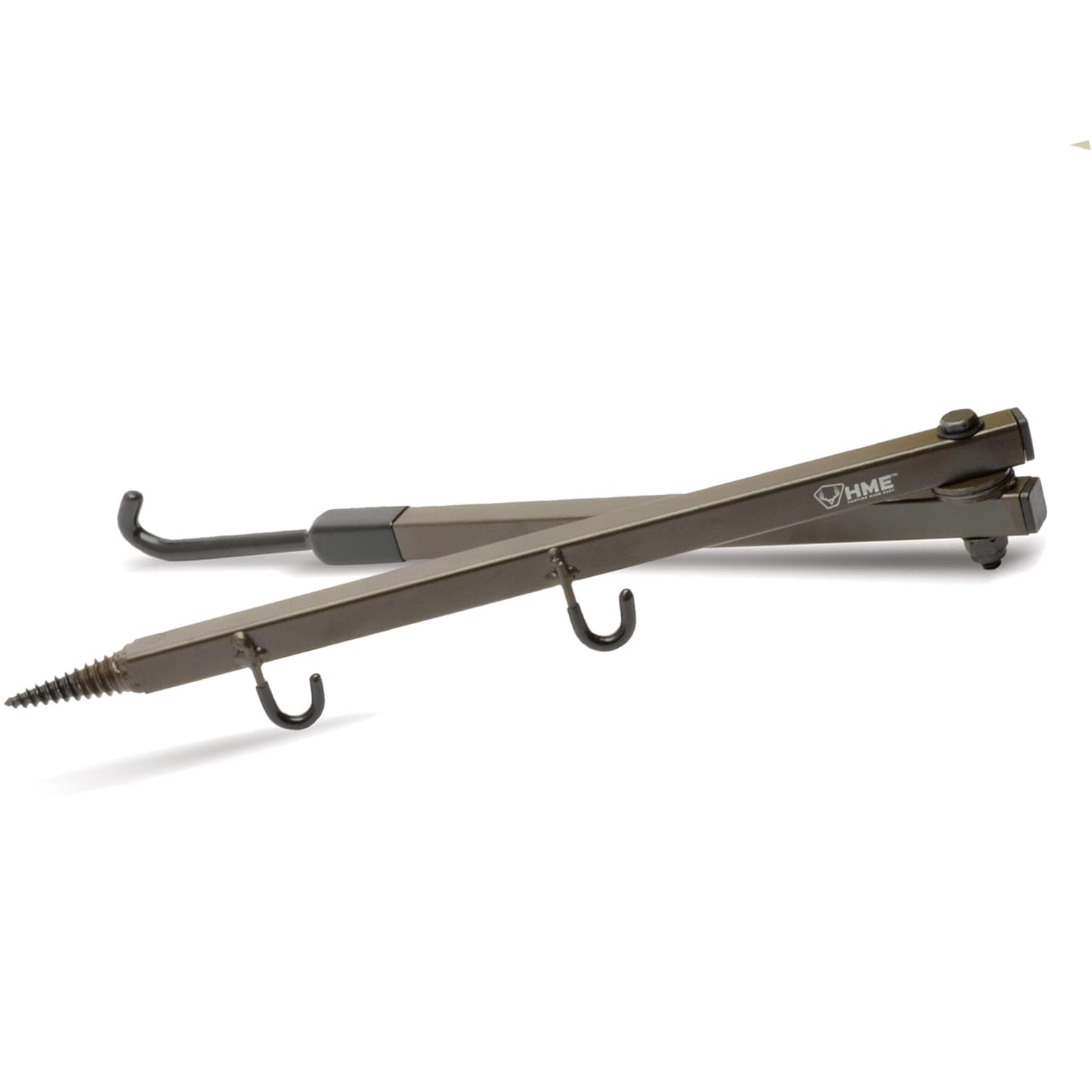 HME folding bow hanger extended to 20 inches keeping bow within arm's reach