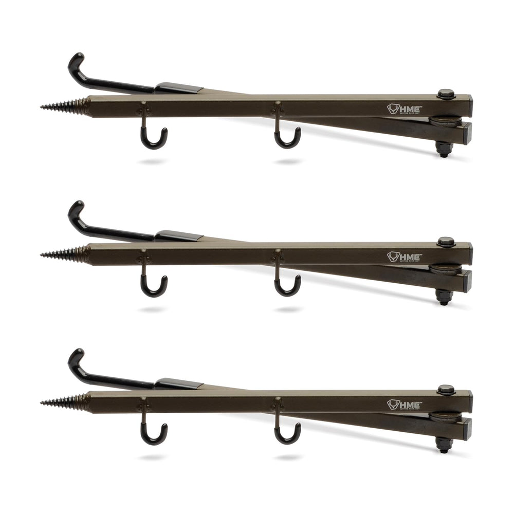 HME folding bow hanger extended to 20 inches for quick, silent access
