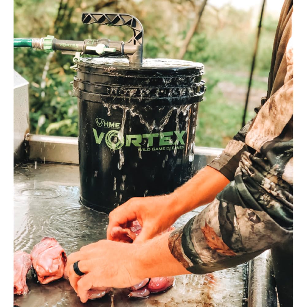 HME Game Washer sliding bucket clip keeps setup secure during cleaning.