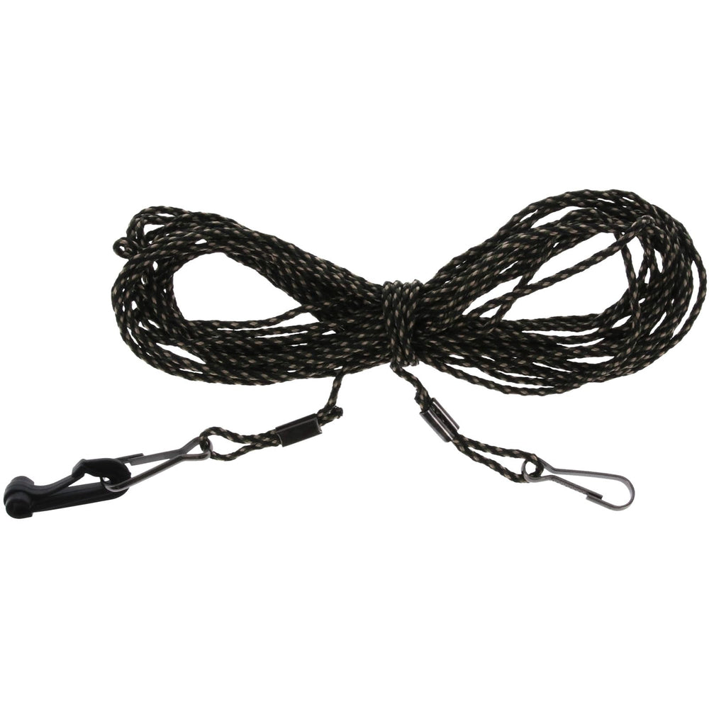 HME hoist rope with double-ended metal clips securely holds gear during hoisting.