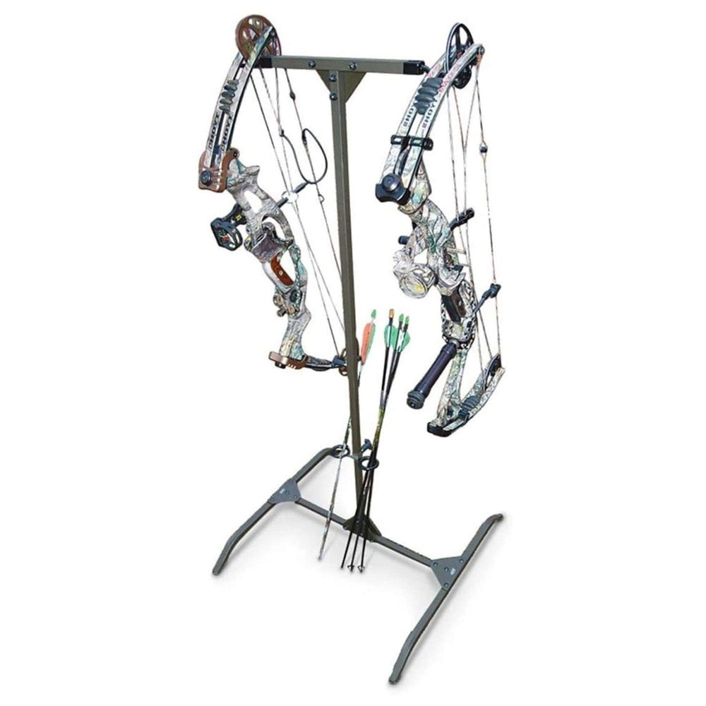 HME hard surface practice hanger side view, highlighting stability on uneven ground for outdoor archery