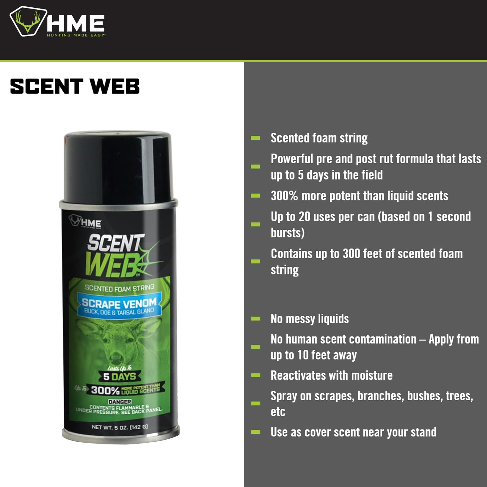 HME Scent Web aerosol spray action delivering mess-free scent deployment.