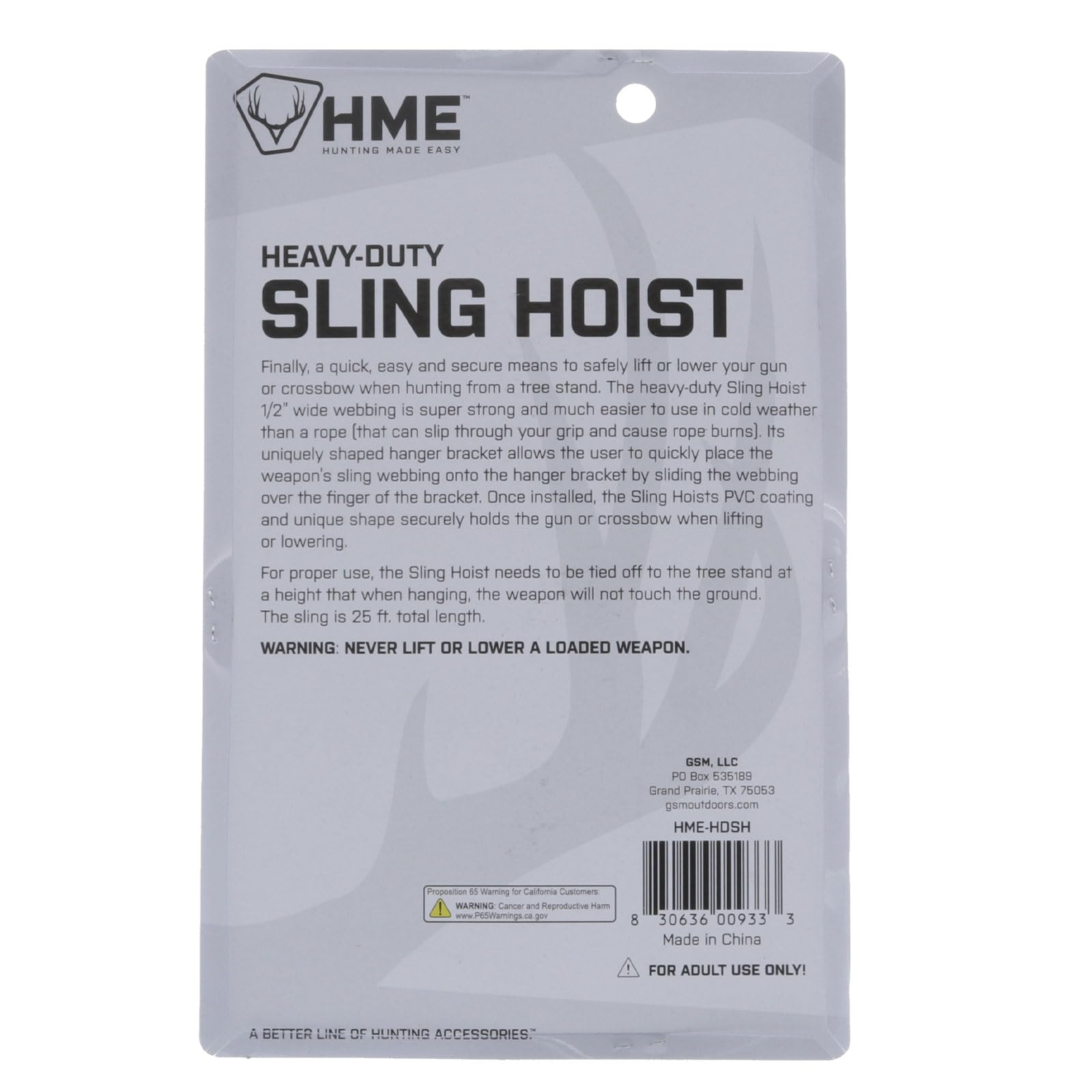 HME Sling Hoist showcases tree stand integration with safe tie-off height.
