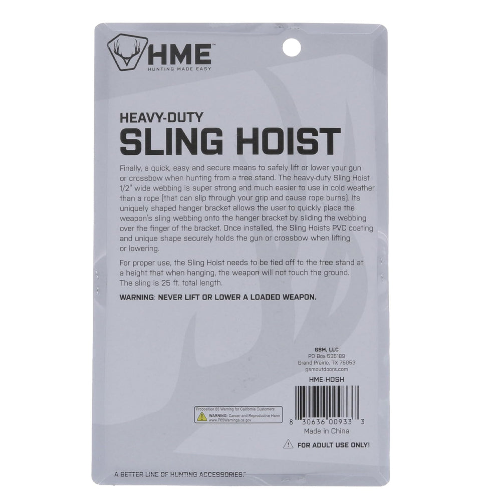 HME Sling Hoist showcases tree stand integration with safe tie-off height.