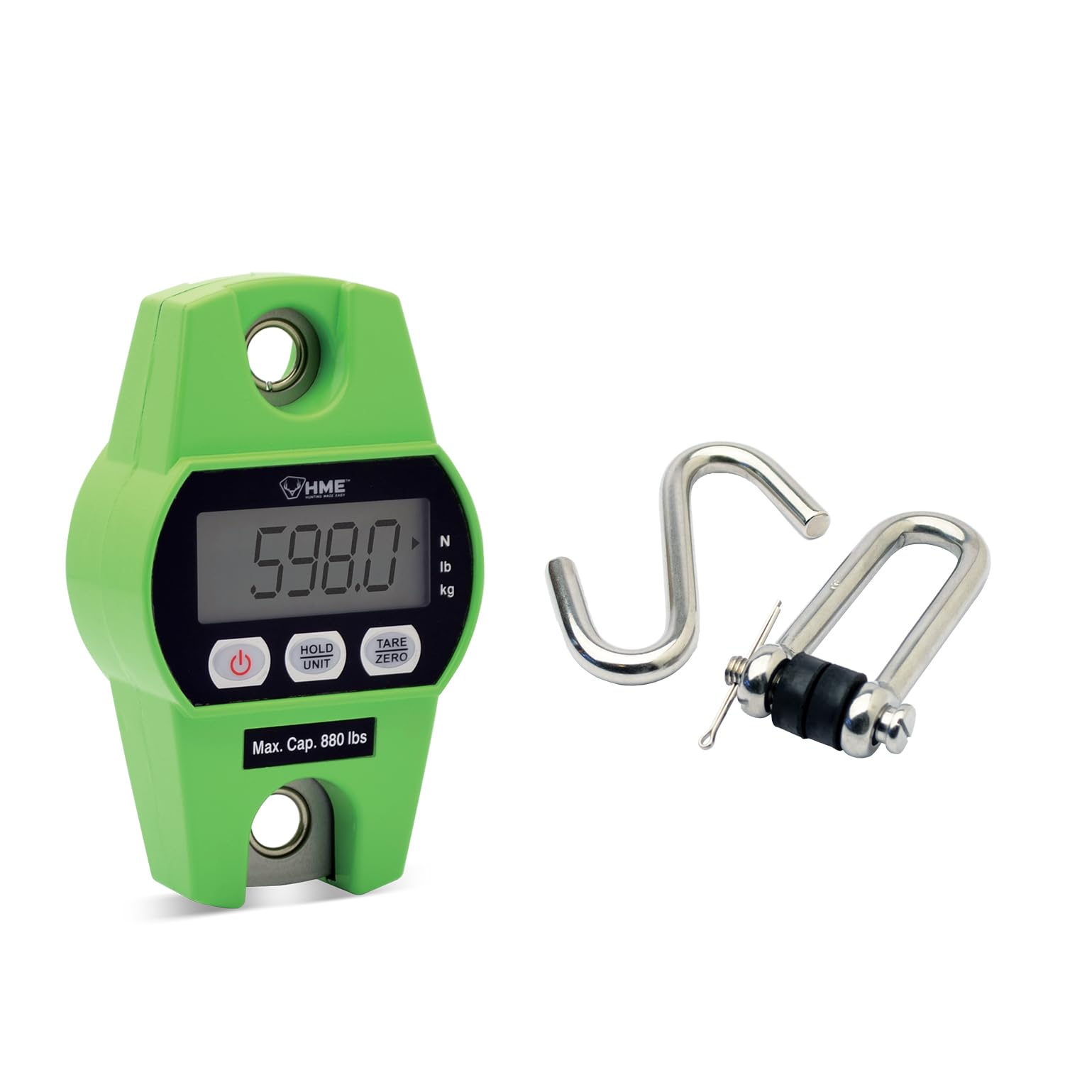 HME scale includes sturdy iron hook for secure attachment.