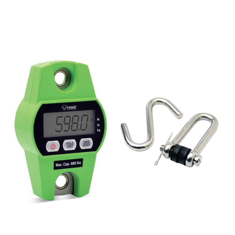 HME scale includes sturdy iron hook for secure attachment.