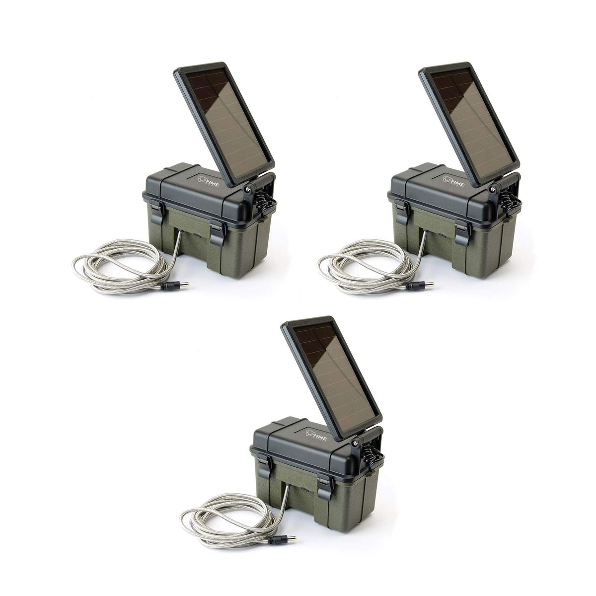 HME trail camera 12V solar power pack front view for off-grid monitoring.
