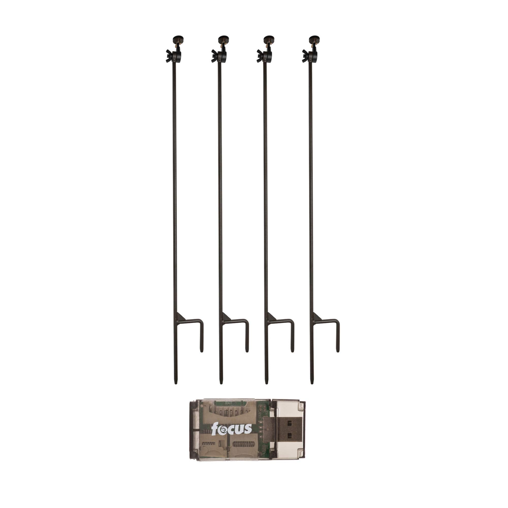 HME trail camera holder posts four-pack in wide shot showing rugged mounting setup