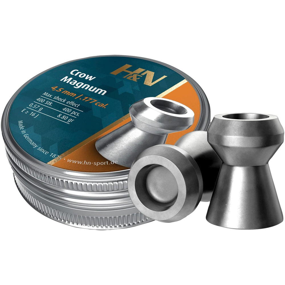 H&N Sport Crow Magnum pellets close-up highlighting hollowpoint design for stable accuracy