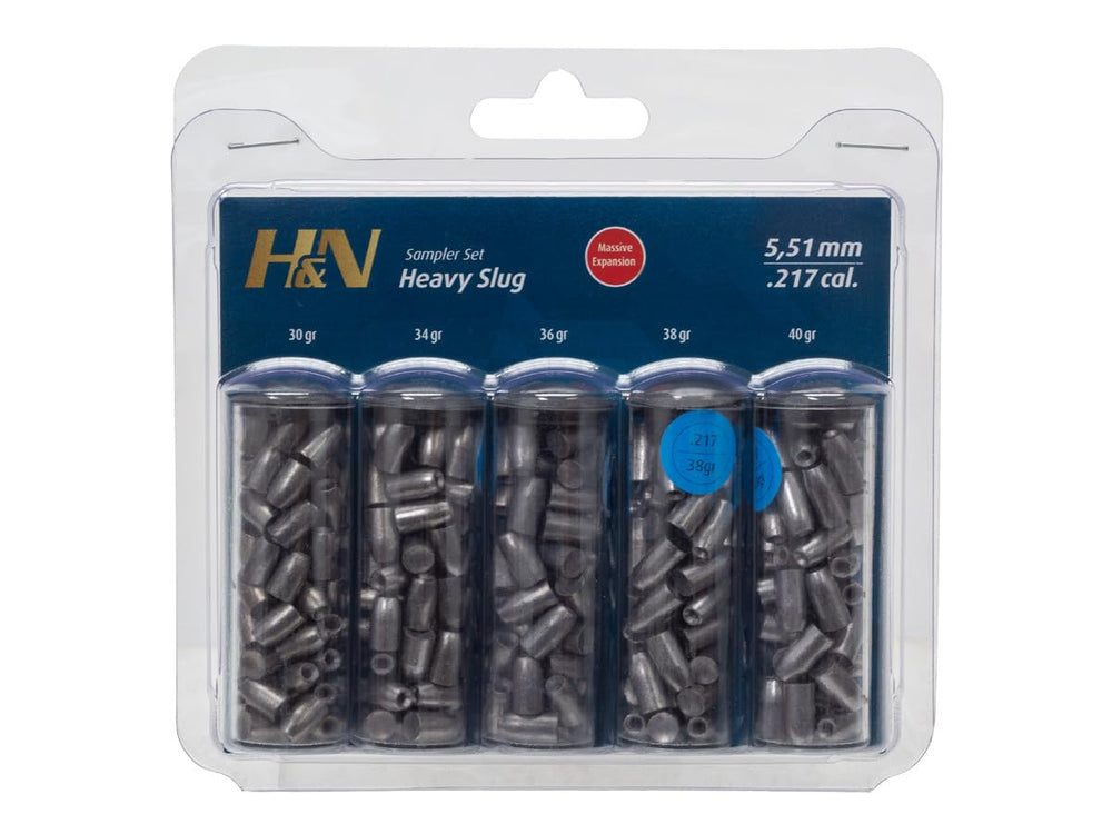 H&N HandN Slug HP Heavy Sampler 0.217 cal with five pellet types for testing.