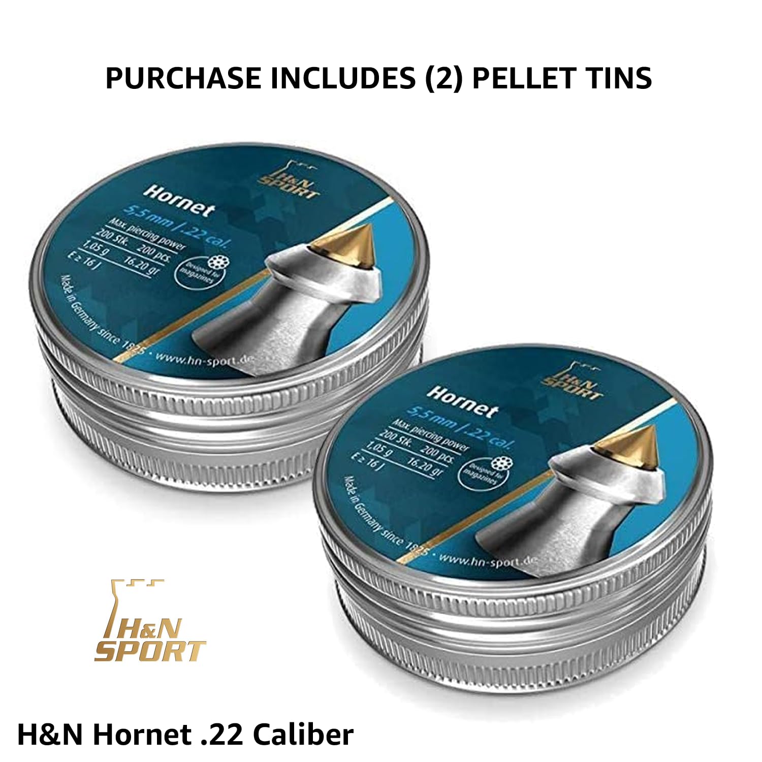 H&N Hornet .22 cal pellets showcase aerodynamic design for consistent flight.