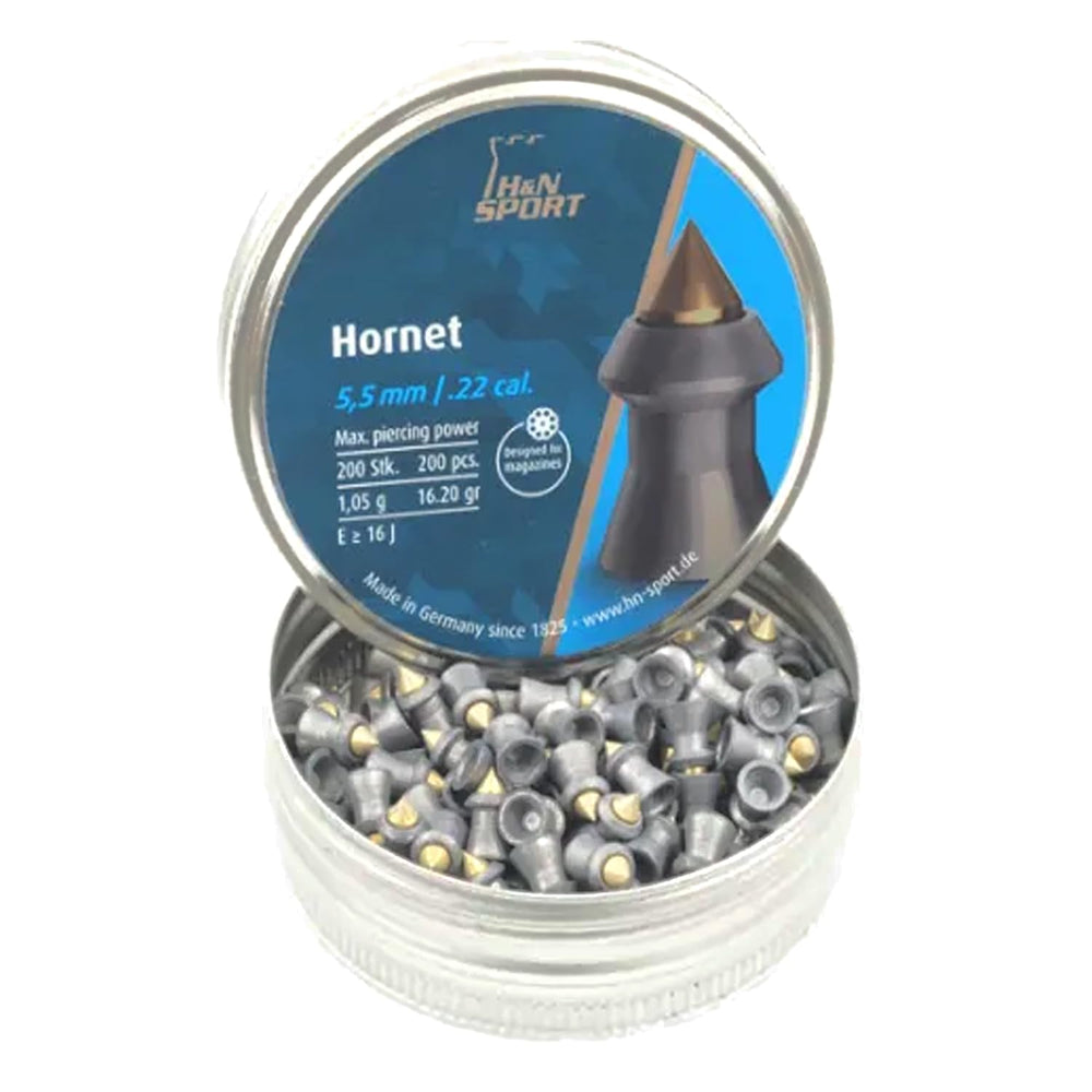 H&N Sport Hornet pellets brass tip highlights controlled expansion potential.