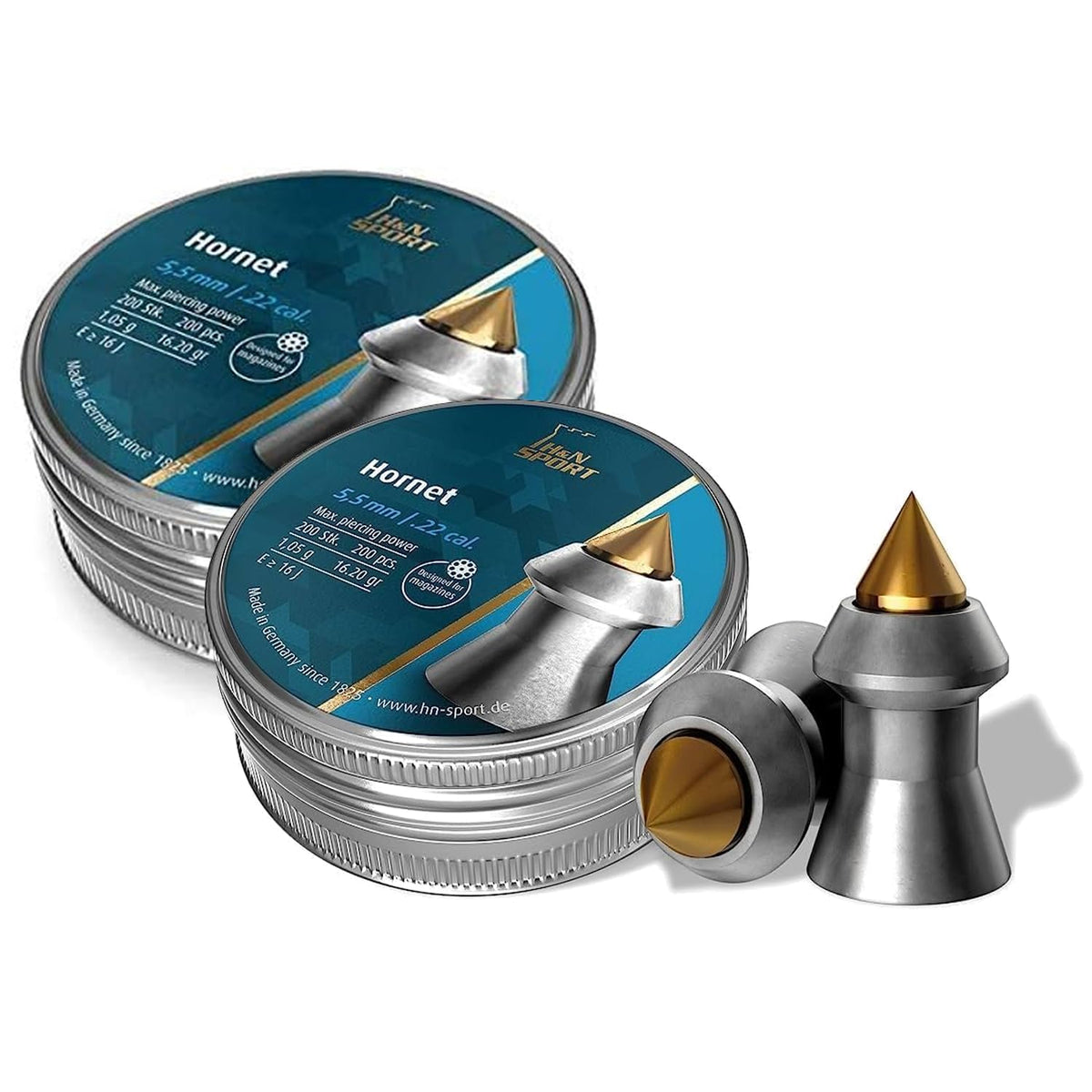 H&N Sport Hornet pointed .22 cal pellet with brass tip for enhanced accuracy.