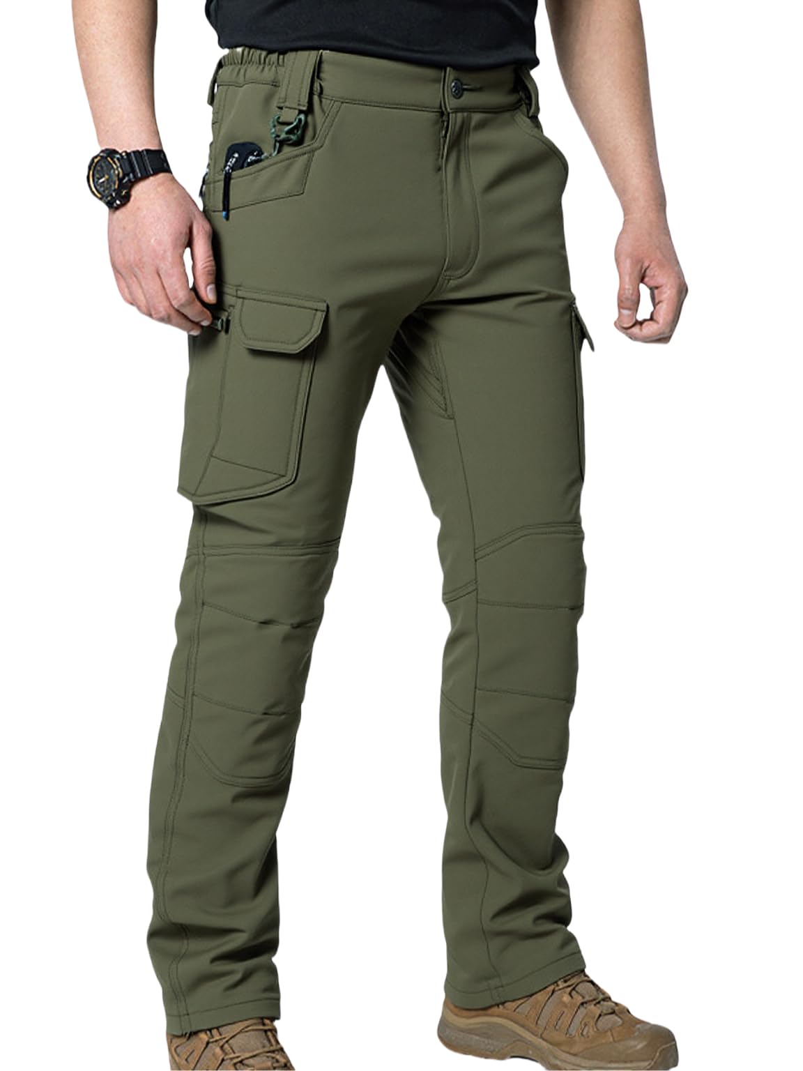 HOANCAQH tactical pants khaki pocket closeup highlighting roomy cargo pockets for gear on hikes